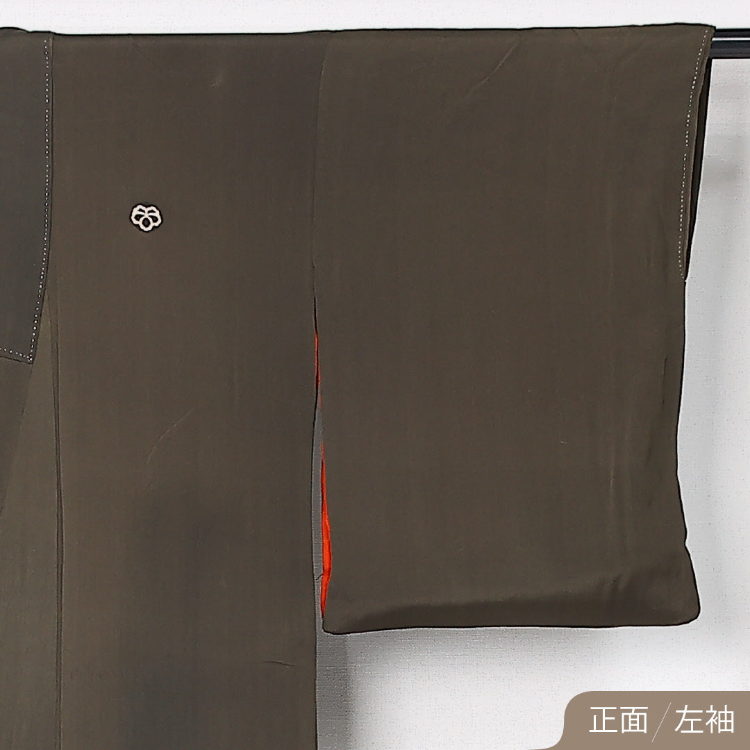 アンティーク 色留袖 袷 身丈151cm 裄丈62cm 正絹 Dランク 五つ紋 (蔦) 広衿 Sサイズ 花車 鶴 牡丹 茶系 GP 1214-06776