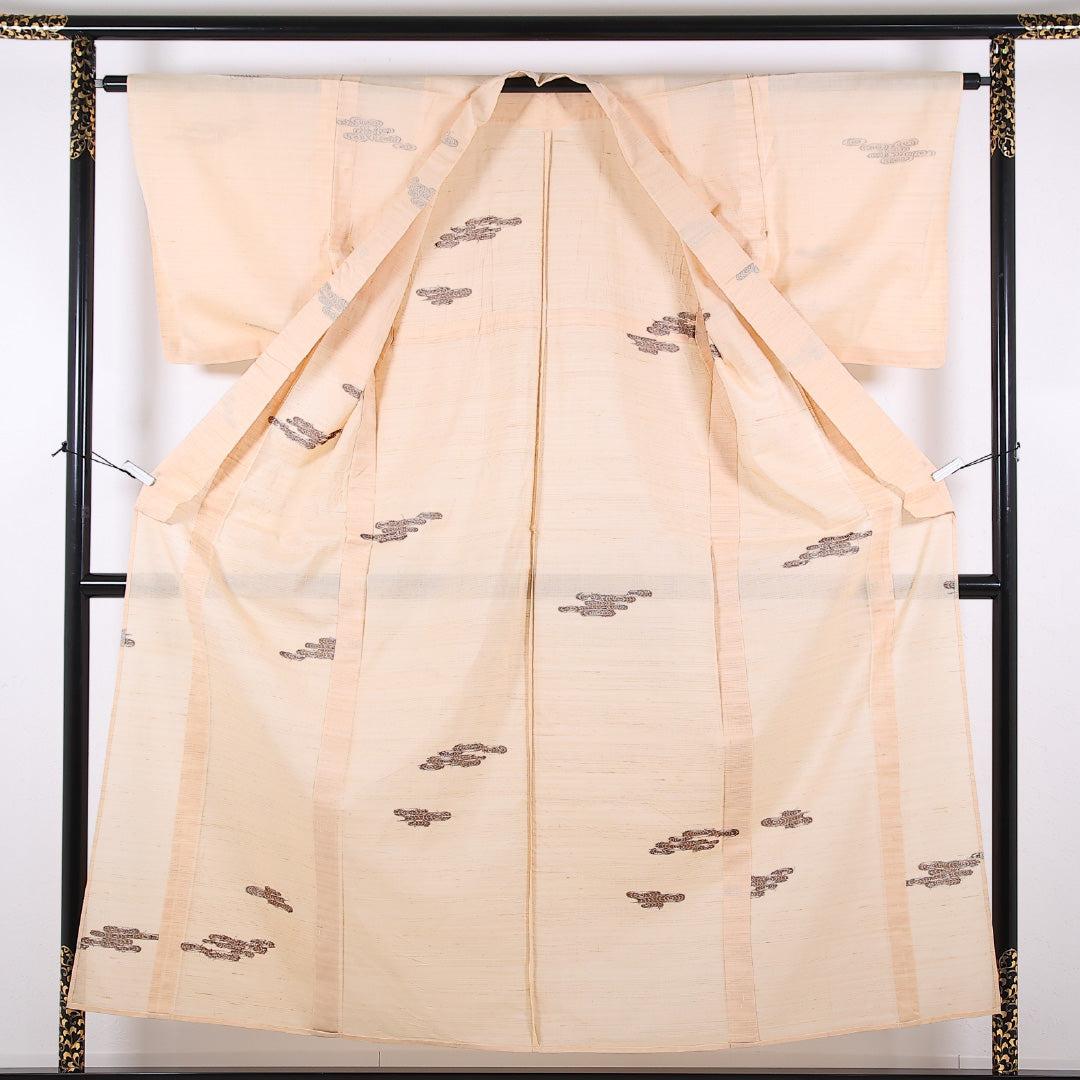 夏物 紬 夏紬 身丈154cm 裄丈62cm 正絹 Cランク カジュアル バチ衿 Sサイズ 観世水 ベージュ系 RP 1223-17346