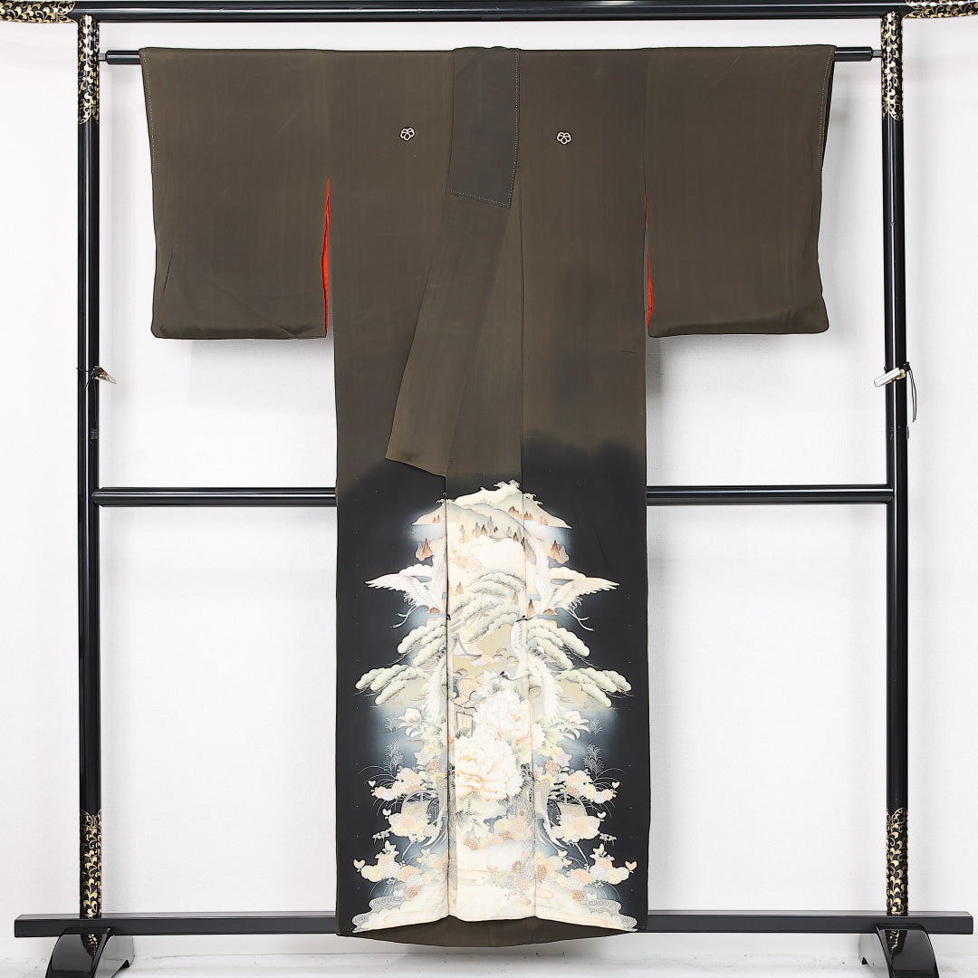 アンティーク 色留袖 袷 身丈151cm 裄丈62cm 正絹 Dランク 五つ紋 (蔦) 広衿 Sサイズ 花車 鶴 牡丹 茶系 GP 1214-06776