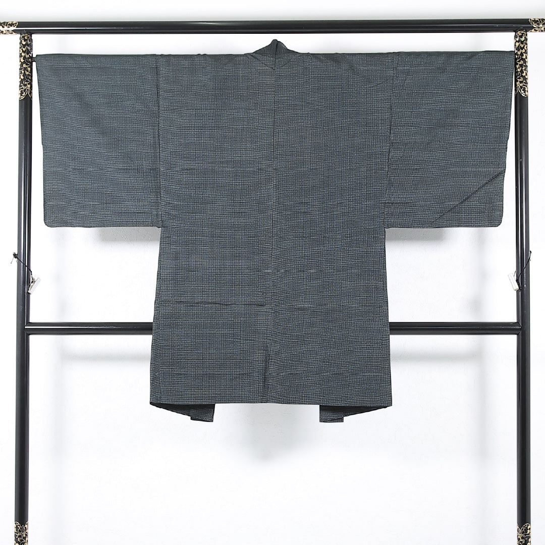 アンサンブル 男着物 (紬) 袷 身丈142cm 裄丈68cm 正絹 Cランク インフォーマル 棒衿 Mサイズ 抽象柄 緑系 RP 1224-17368