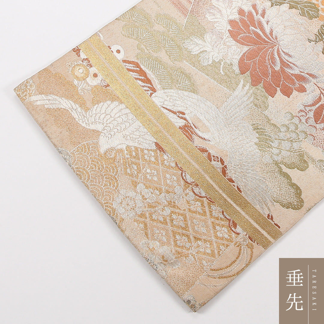 アンティーク 丸帯 帯丈380cm 正絹 全通 鶴 菊 ベージュ系 1242-02571