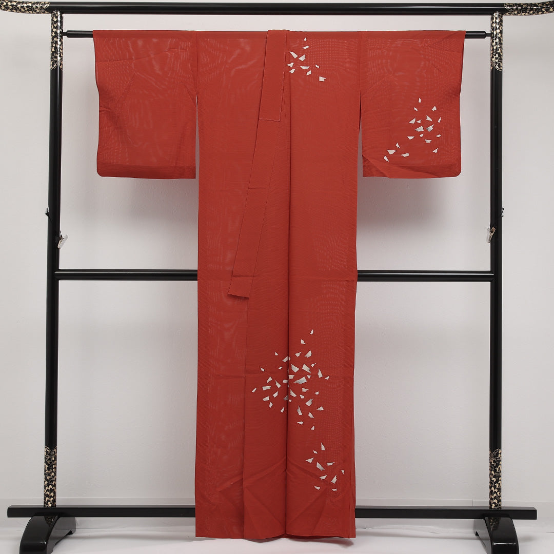 夏物 付下げ 絽 身丈159cm 裄丈63cm 正絹 Cランク インフォーマル バチ衿 Lサイズ 創作柄 朱系 LP 1218-17311