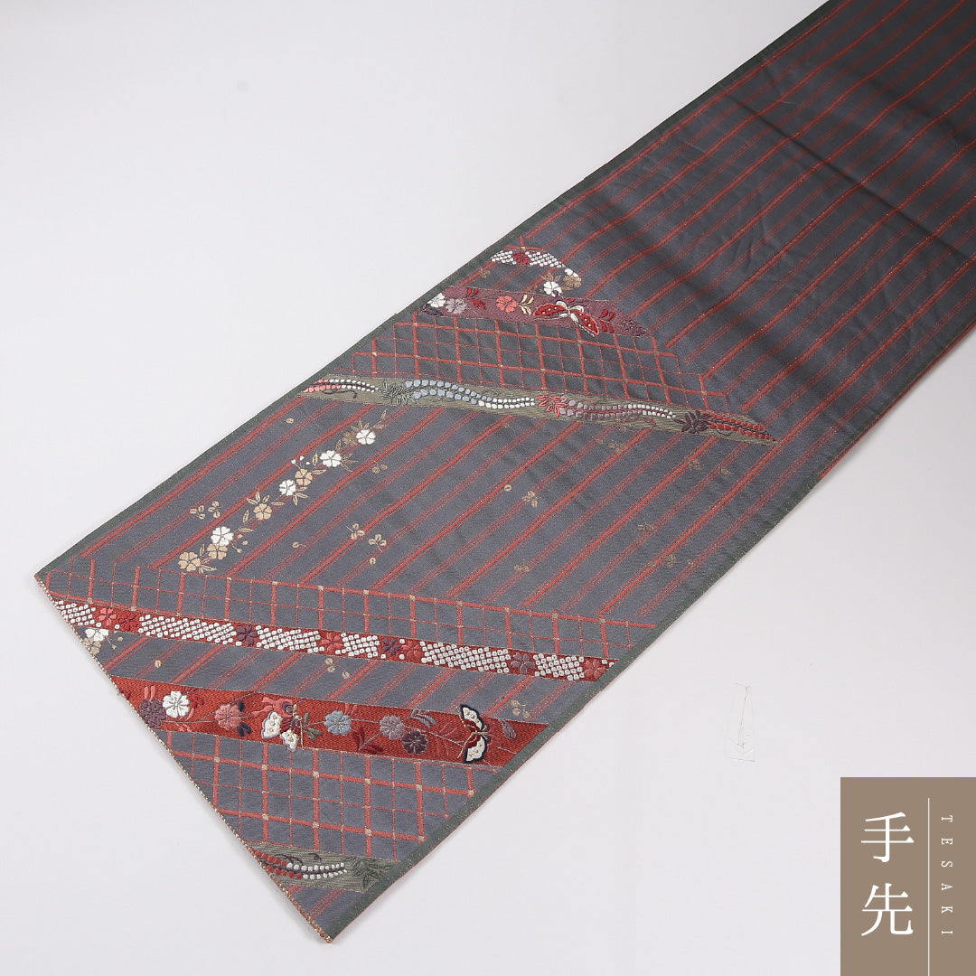 蝶 袋帯 帯丈430cm 正絹 六通 セミフォーマル グレー系 白系 1243-02623