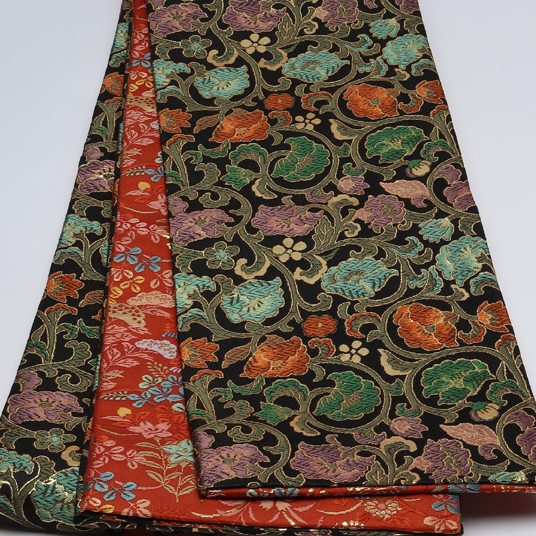 子供用 六寸帯 帯丈440cm 正絹 全通 小袋帯 リバーシブル 唐草華文 黒系 1246-00667
