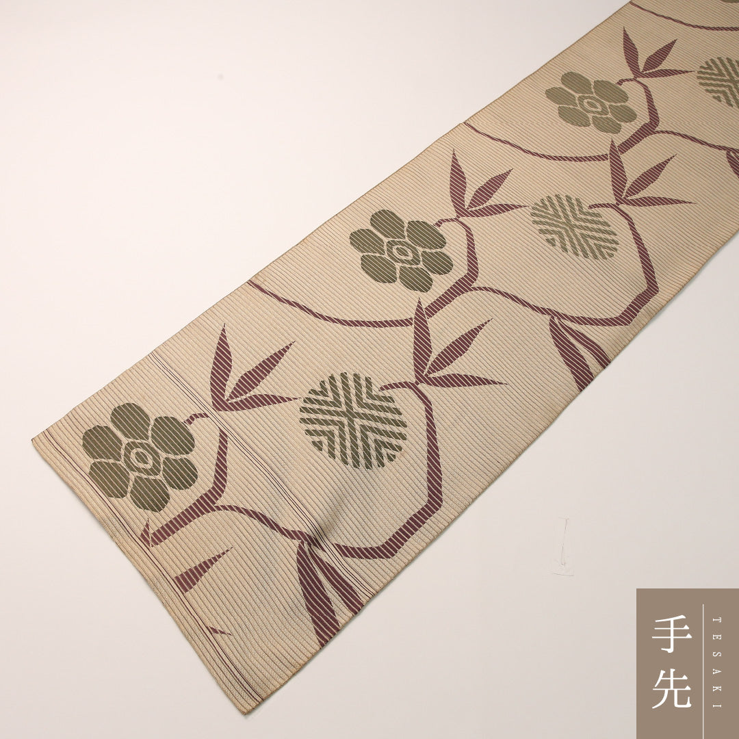 夏物 袋帯 帯丈424cm 正絹 全通 インフォーマル 植物柄 ベージュ系 1243-02455