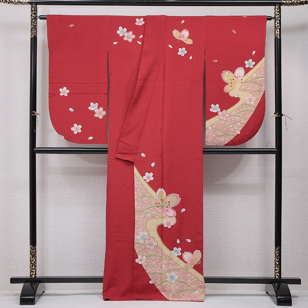 洗える着物 小振袖 袷 身丈165cm 裄丈66cm ポリエステル Sランク セミフォーマル 広衿 XLサイズ 桜 赤系 RP 1216-07069