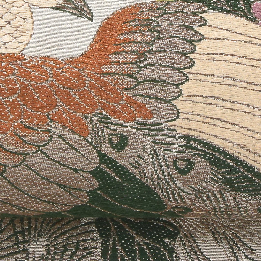 アンティーク 丸帯 帯丈376cm 正絹 全通 孔雀 菊 グレー系 1242-02422