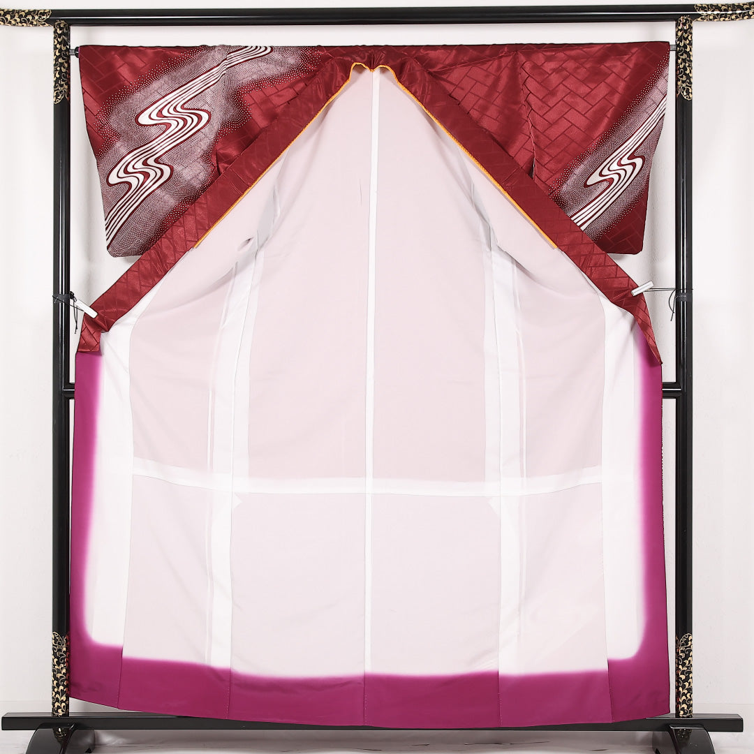 洗える着物 訪問着 袷 身丈161cm 裄丈66cm ポリエステル Aランク 踊り用 バチ衿 XLサイズ 流水 赤系 LP 1217-17508