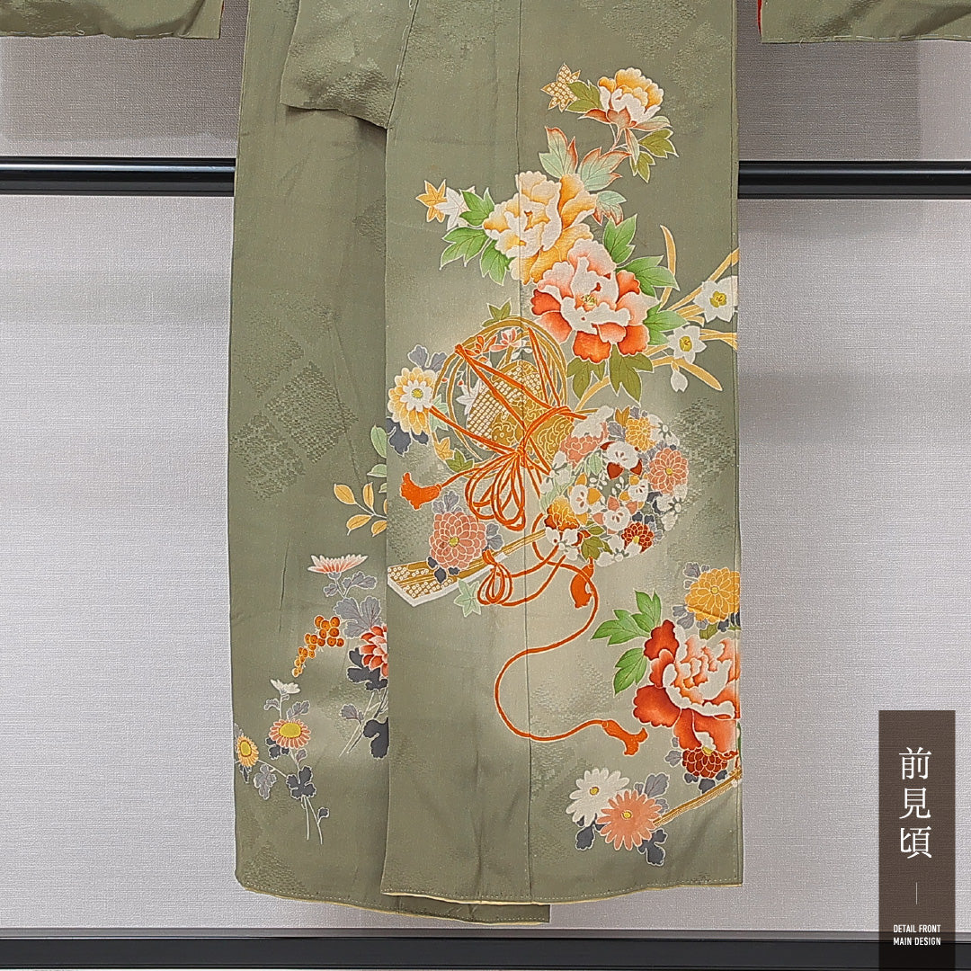 アンティーク 色留袖 (錦紗) 袷 身丈145cm 裄丈60cm 正絹 Bランク 一つ紋 広衿 XSサイズ 花鼓 緑系 RP 1214-07102