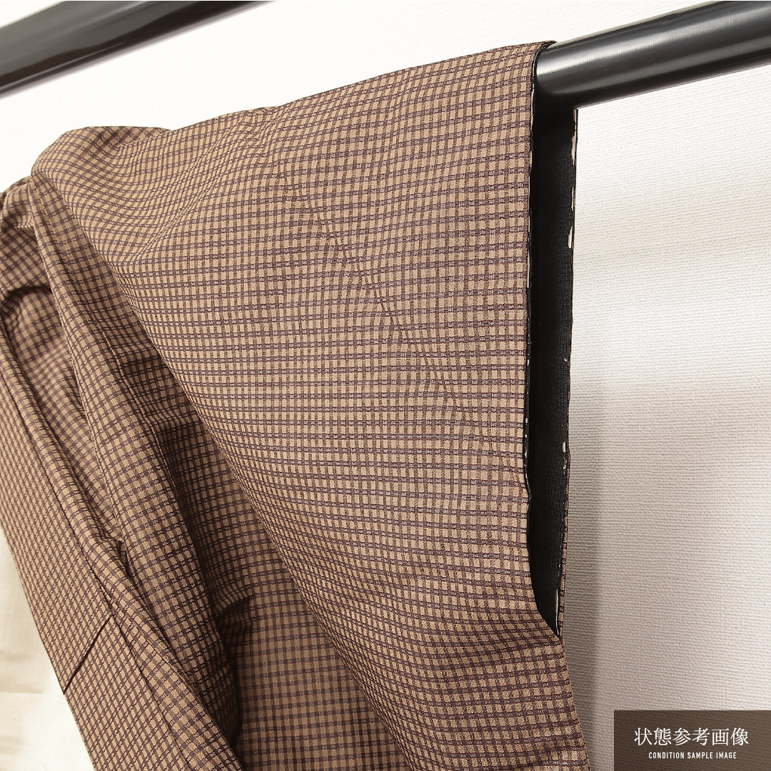 アンティーク 紬 袷 身丈142cm 裄丈62cm 正絹 Cランク バチ衿 XSサイズ 格子 茶系 RP 1223-17207