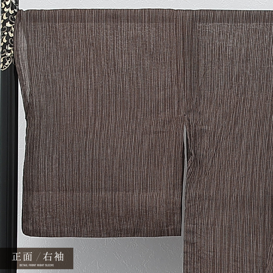 夏物 洗える着物 麻の紬 身丈169cm 裄丈71cm 麻 Aランク カジュアル 広衿 XLサイズ 縞 茶系 RP 1223-17277