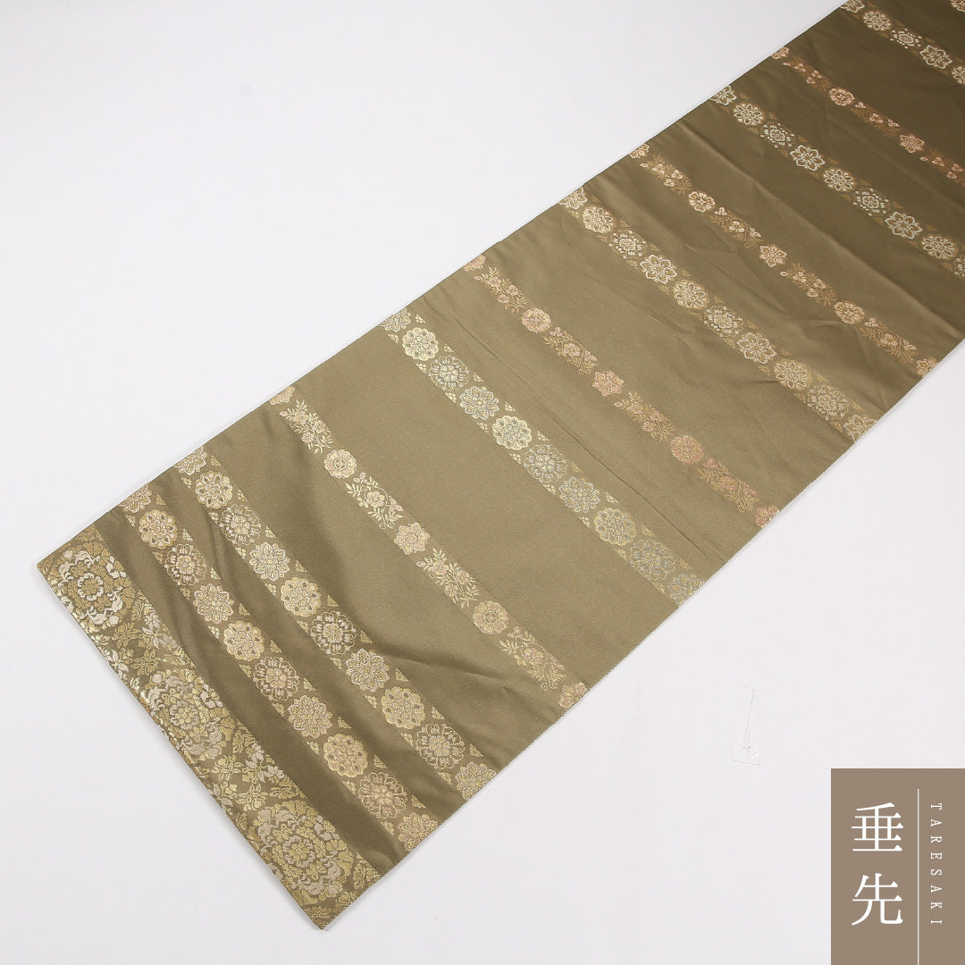 アラベスク段文 袋帯 帯丈436cm 正絹 六通 フォーマル 宝相華 緑系 茶系 1243-02639