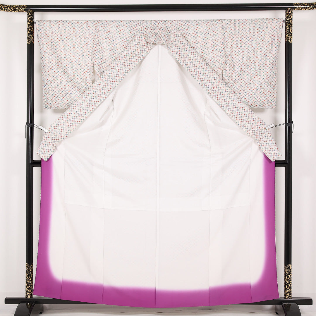 小紋 袷 身丈162cm 裄丈66cm 正絹 Sランク インフォーマル 広衿 XSサイズ 扇 白系 RP 1221-17515