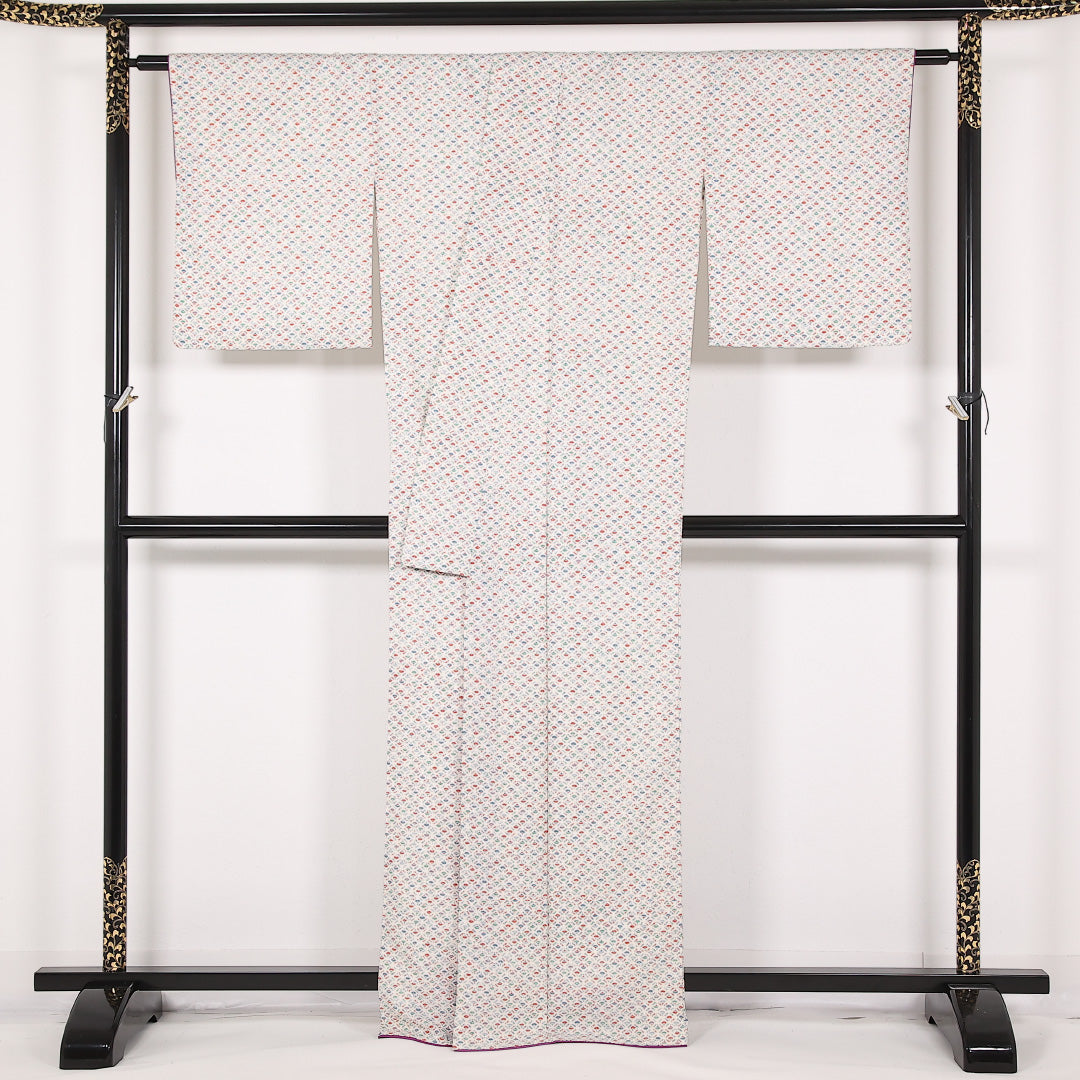 小紋 袷 身丈162cm 裄丈66cm 正絹 Sランク インフォーマル 広衿 XSサイズ 扇 白系 RP 1221-17515