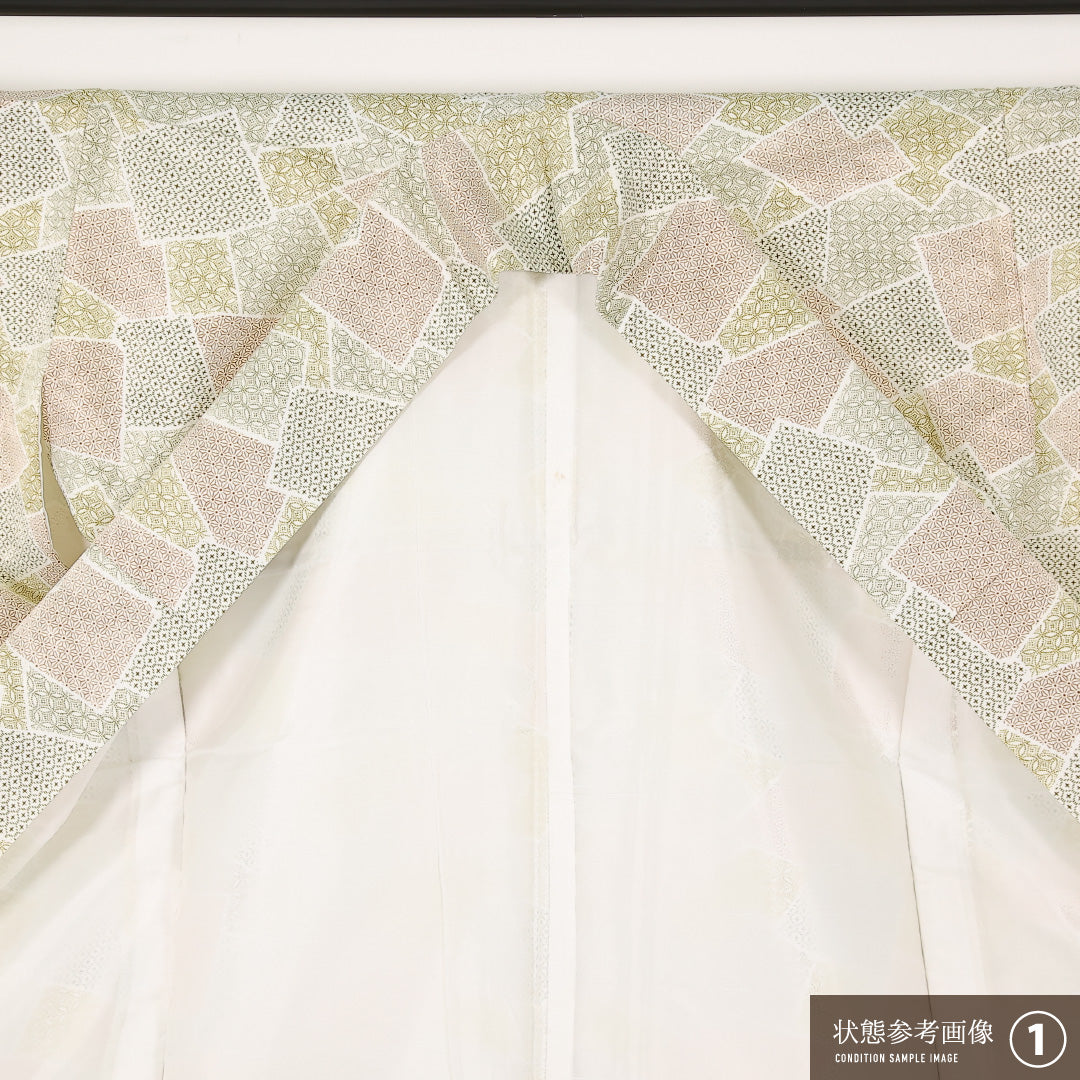 洗える着物 小紋 袷 身丈158cm 裄丈62cm ポリエステル Sランク インフォーマル 広衿 Lサイズ 緑系 RP 1221-17449
