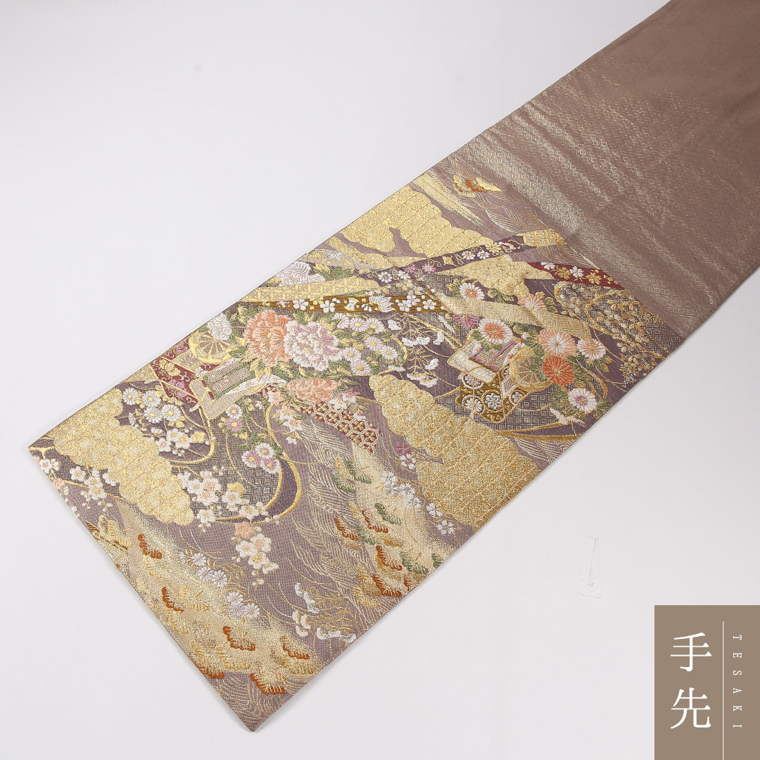 御所車 袋帯 帯丈432cm 正絹 六通 フォーマル 菊 クリーム系 1243-02634