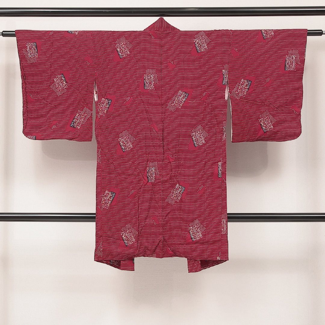 アンティーク 羽織 (紬) 袷 身丈95cm 裄丈62cm 正絹 Aランク Sサイズ 創作柄 赤系 LP 1232-17209