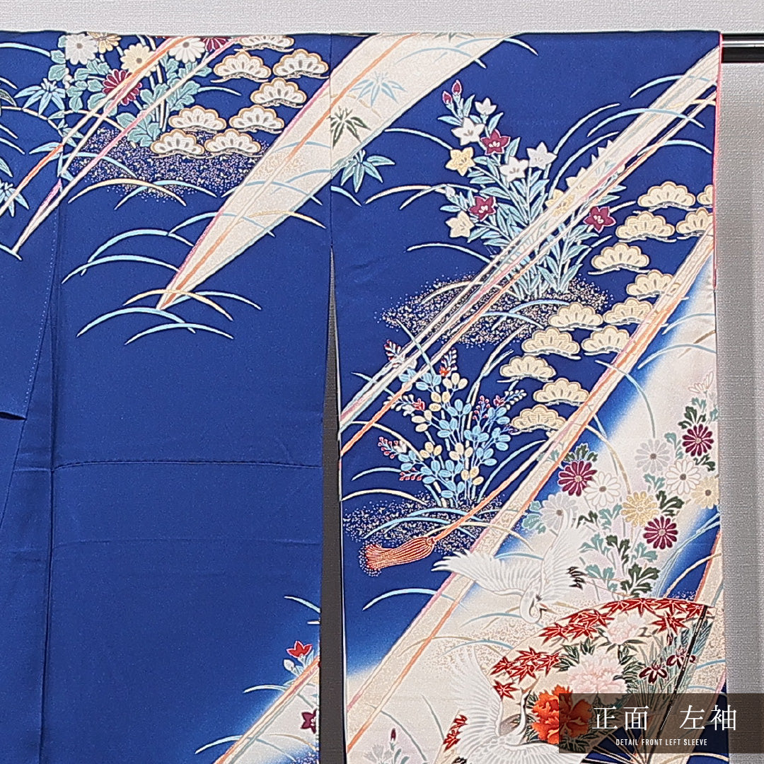 振袖 袷 身丈158cm 裄丈63cm 正絹 Aランク フォーマル 広衿 Mサイズ 金駒刺繍 扇面文 鶴 牡丹 青系 RP 1215-06995