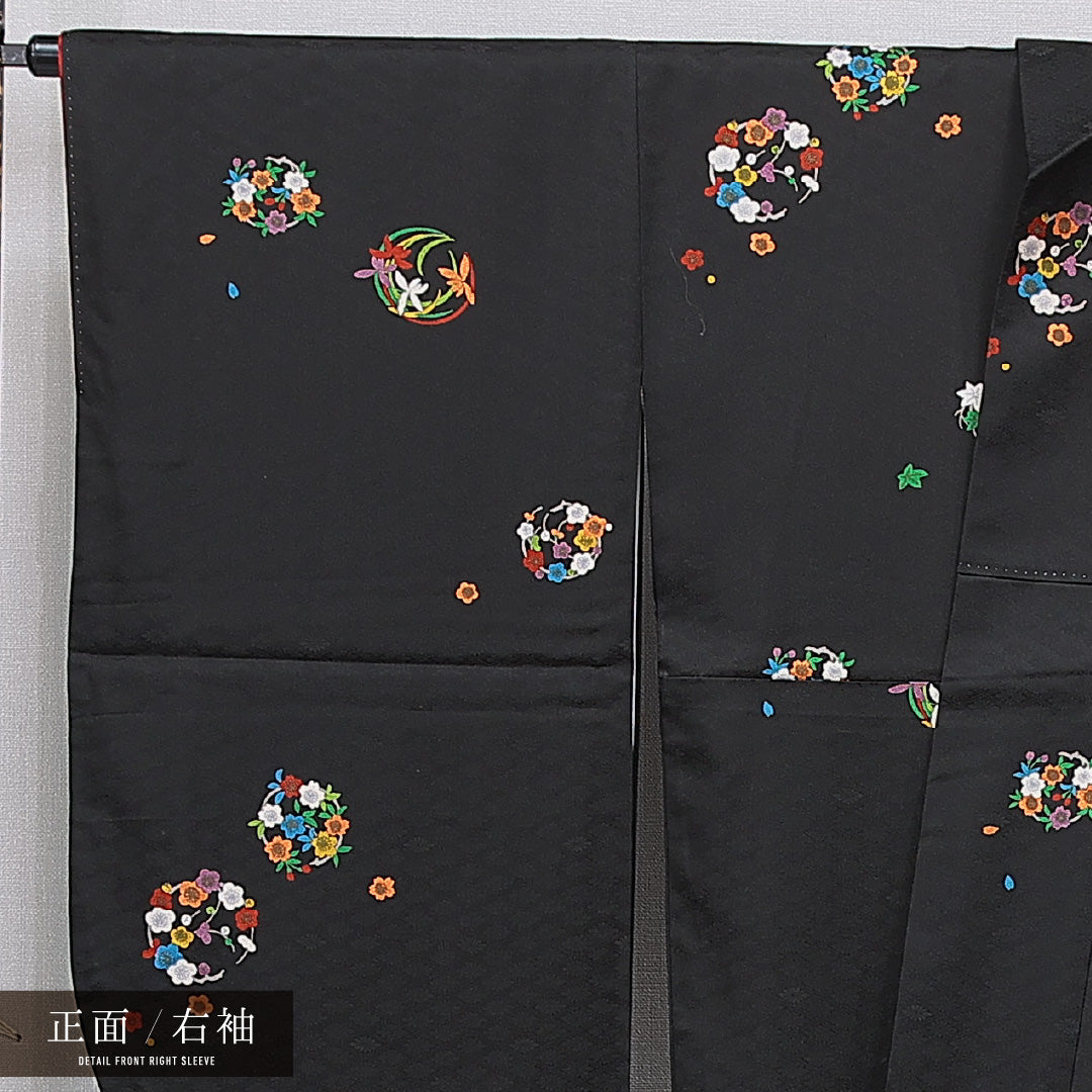 洗える着物 振袖 袷 身丈165cm 裄丈68cm ポリエステル Sランク 紋意匠 (花菱) フォーマル 広衿 XLサイズ 丸文 黒系 RP 1215-07046