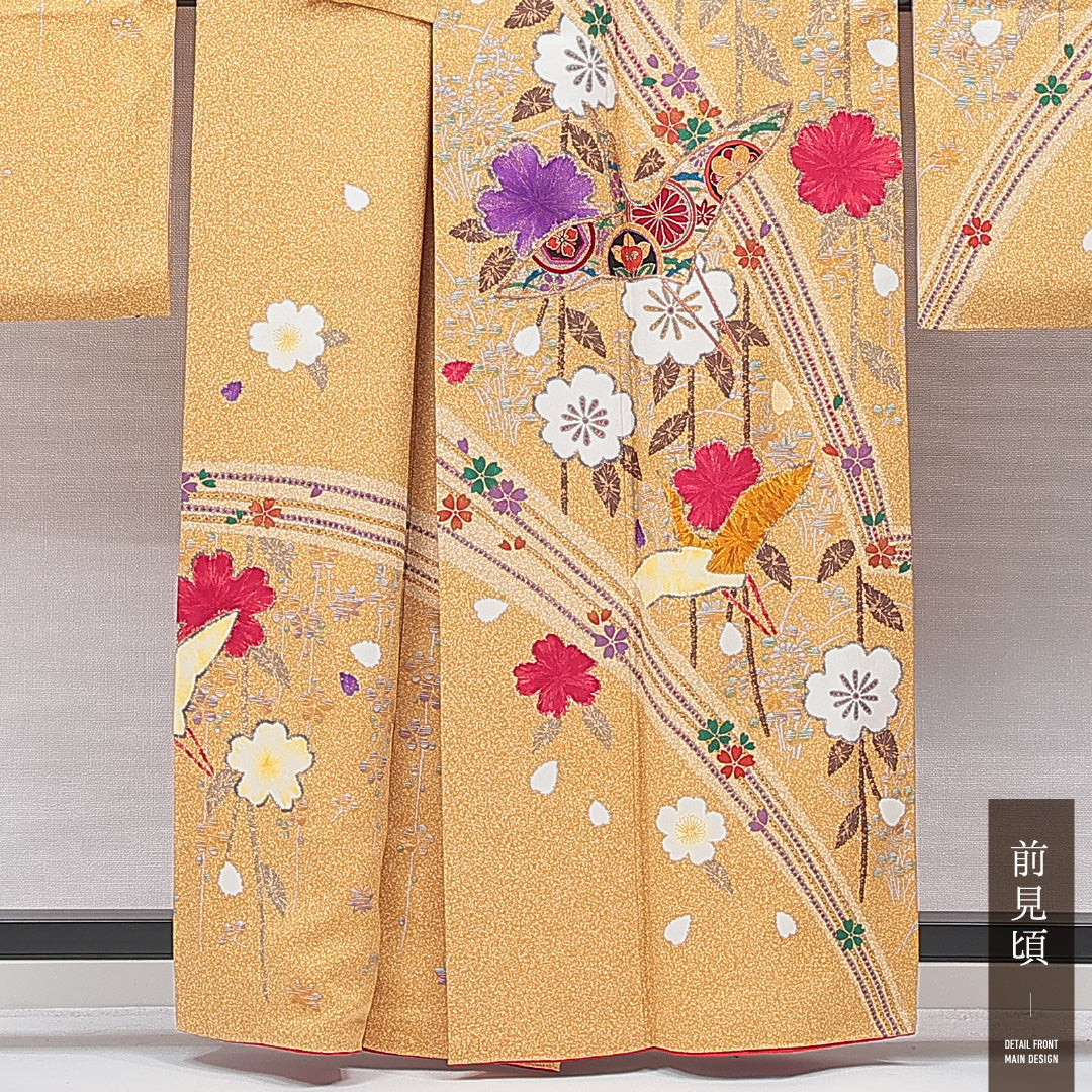 振袖 袷 身丈160cm 裄丈66cm 正絹 Sランク フォーマル 広衿 Lサイズ 鶴 花柄 黄系 RP 1215-07047