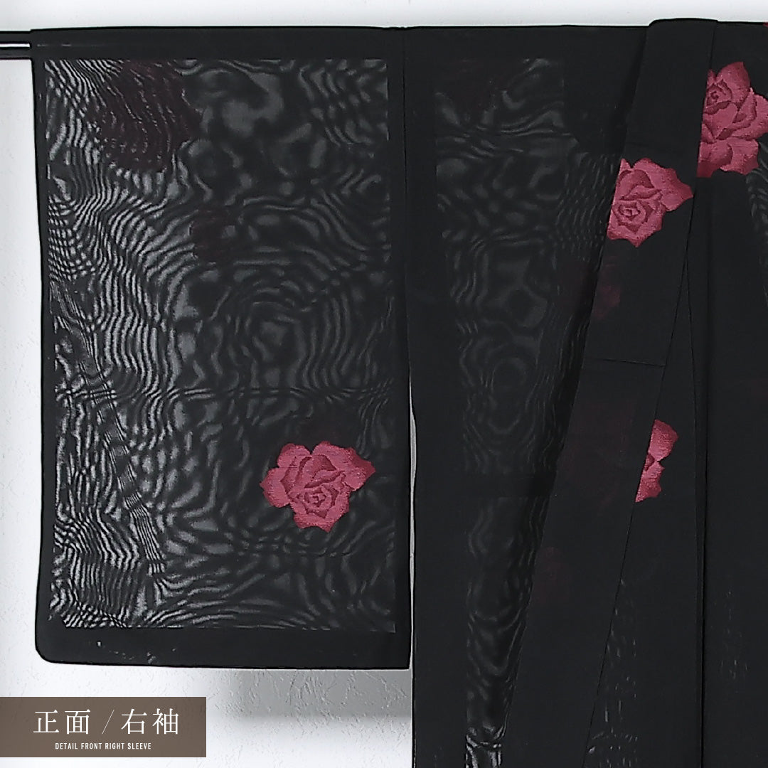 夏物 小紋 紗 身丈154cm 裄丈62cm 正絹 Sランク インフォーマル バチ衿 Lサイズ 薔薇 黒系 M4 1221-17356