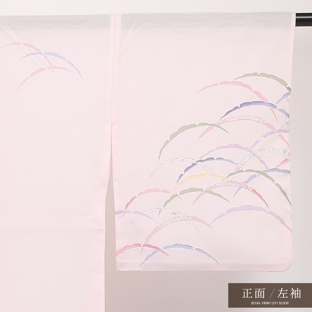 夏物 洗える着物 付下げ 絽 身丈166cm 裄丈67cm ポリエステル Cランク インフォーマル 広衿 Lサイズ 雪輪 ピンク系 RP 1218-17305