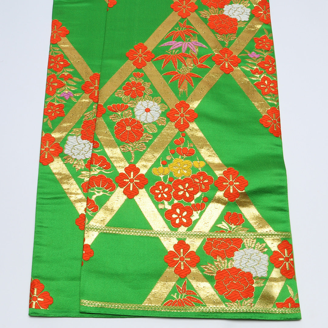 六寸帯 帯丈392cm 正絹 全通 小袋帯 カジュアル 吉祥文様 緑系 1246-00613