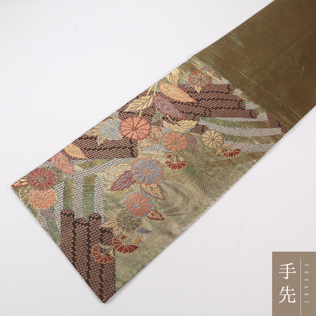 菊 袋帯 帯丈428cm ポリエステル 六通 フォーマル 緑系 金系 1243-02583
