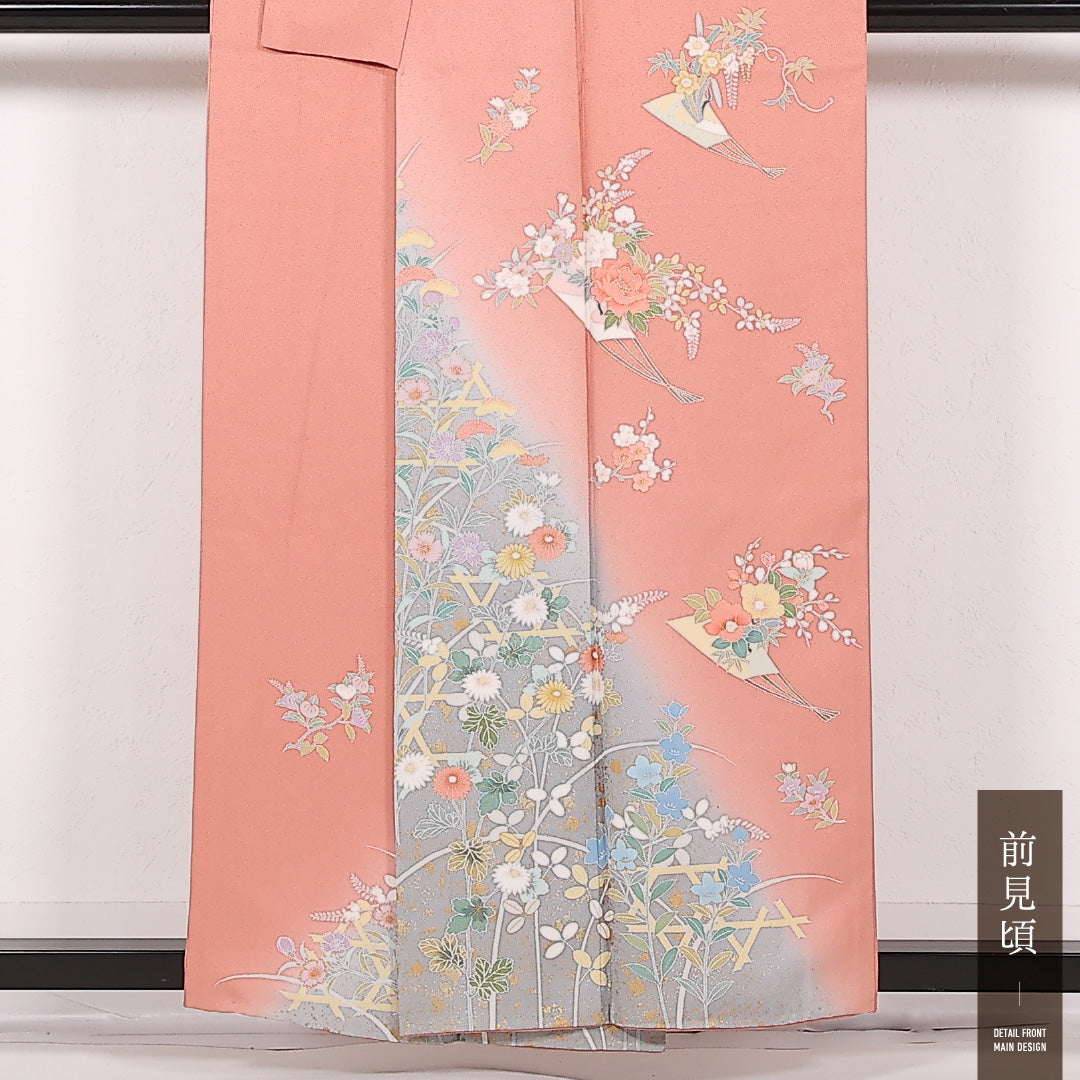 訪問着 袷 身丈155cm 裄丈64cm 正絹 Sランク セミフォーマル 広衿 Mサイズ 花扇 ピンク系 RP 1217-17527