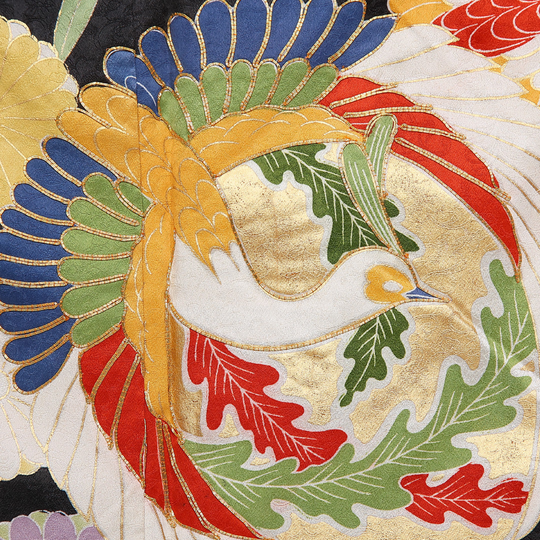 振袖 袷 身丈161cm 裄丈63cm 正絹 Aランク フォーマル 広衿 Lサイズ 金駒刺繍 青海波 菊 黒系 RP 1215-06660