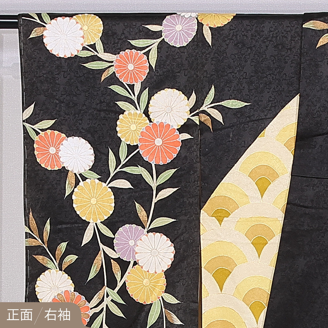 振袖 袷 身丈161cm 裄丈63cm 正絹 Aランク フォーマル 広衿 Lサイズ 金駒刺繍 青海波 菊 黒系 RP 1215-06660