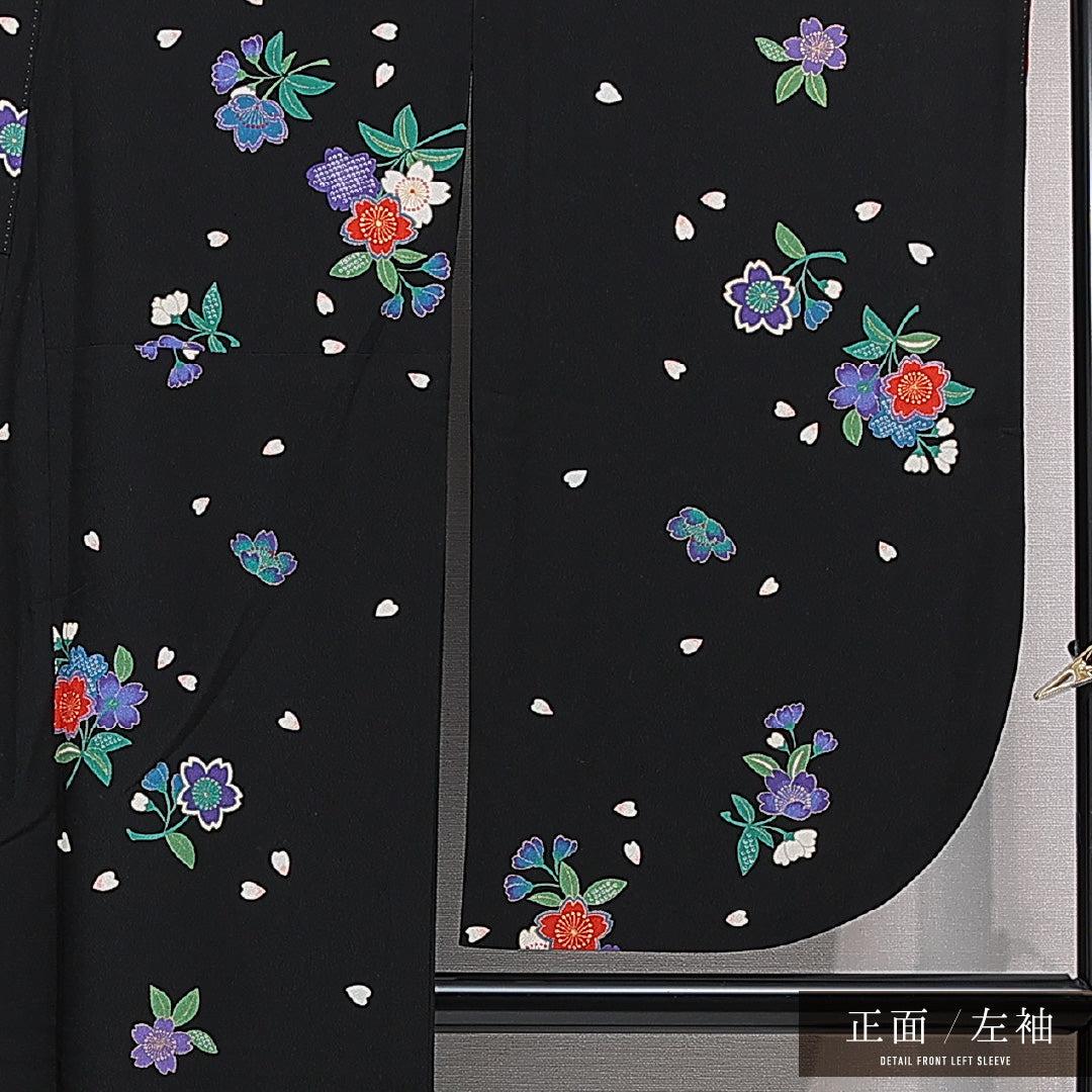 洗える着物 小振袖 袷 身丈166cm 裄丈68cm ポリエステル Sランク セミフォーマル 広衿 XLサイズ 刺繍 桜 黒系 RP 1216-07055