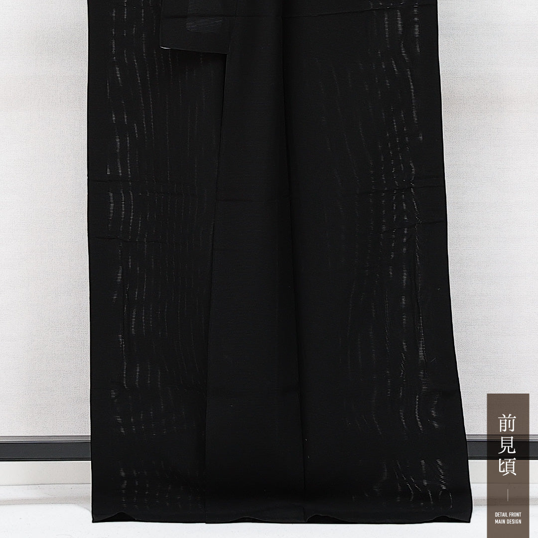 未使用品 夏物 黒紋付 絽 身丈167cm 裄丈64cm 正絹 Nランク 五つ紋 (丸に橘) 弔事用 広衿 XLサイズ しつけ糸 黒系 M4 1230-06888