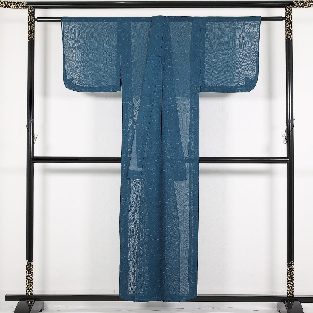 夏物 洗える着物 小紋 紗 身丈152cm 裄丈60cm ポリエステル Sランク インフォーマル バチ衿 XSサイズ 芝草 青系 RP 1221-17402