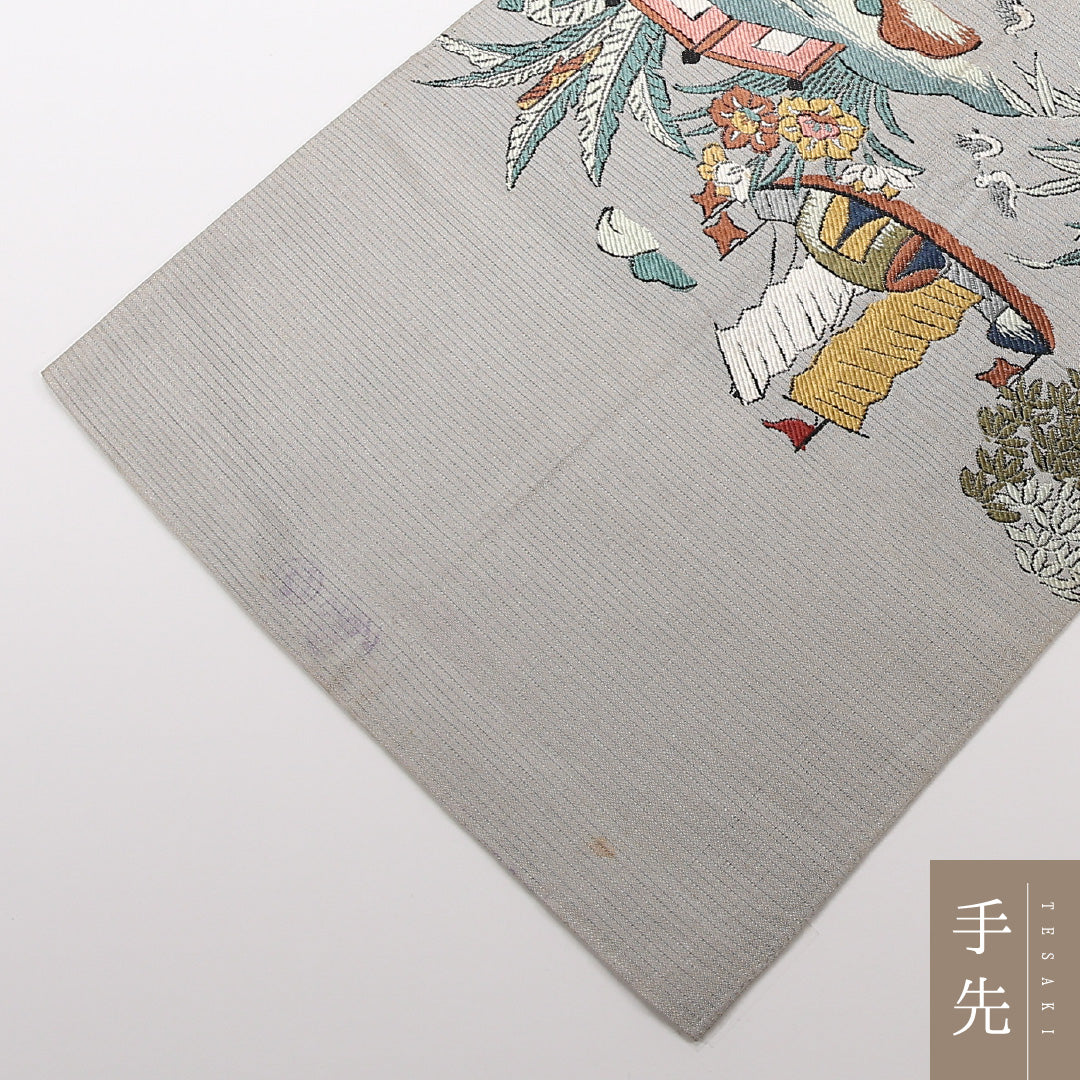 アンティーク 夏物 袋帯 帯丈400cm 正絹 六通 京洛百景 グレー系 1243-02511