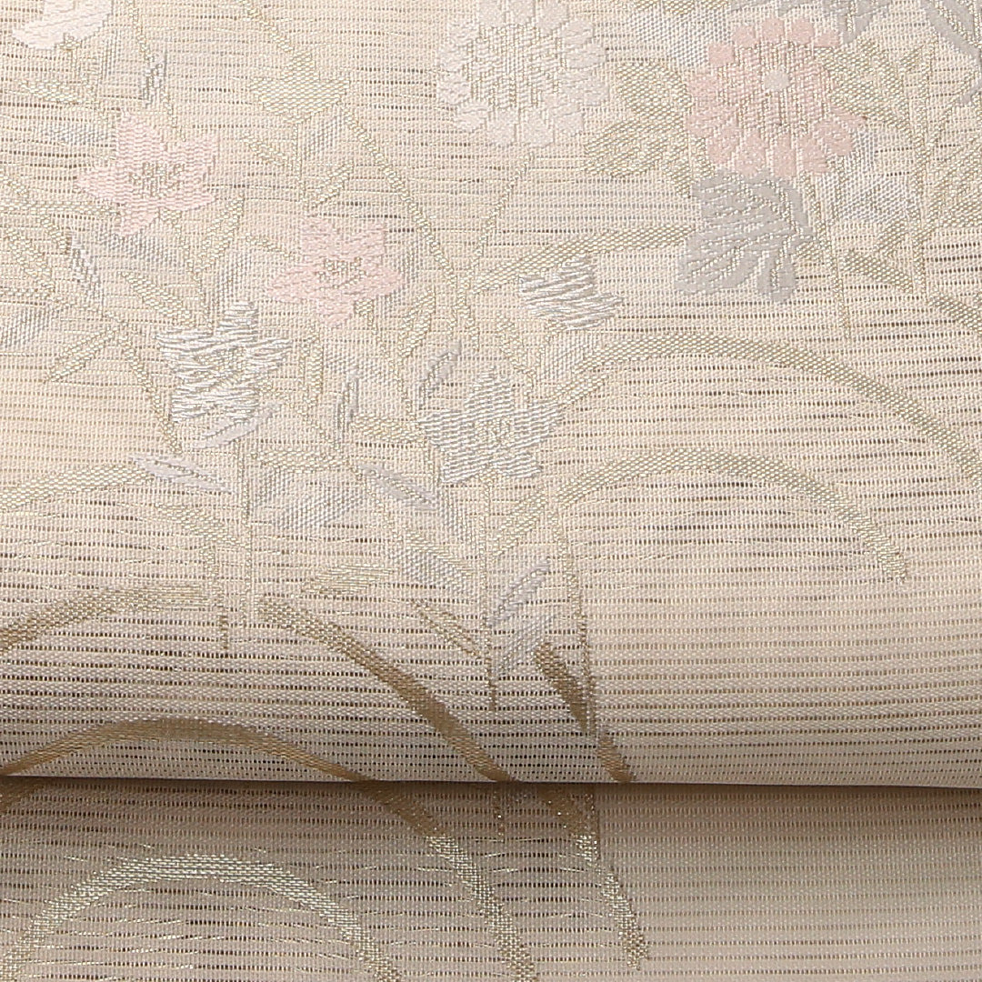 夏物 袋帯 帯丈444cm 正絹 六通 インフォーマル 菊 クリーム系 1243-02457