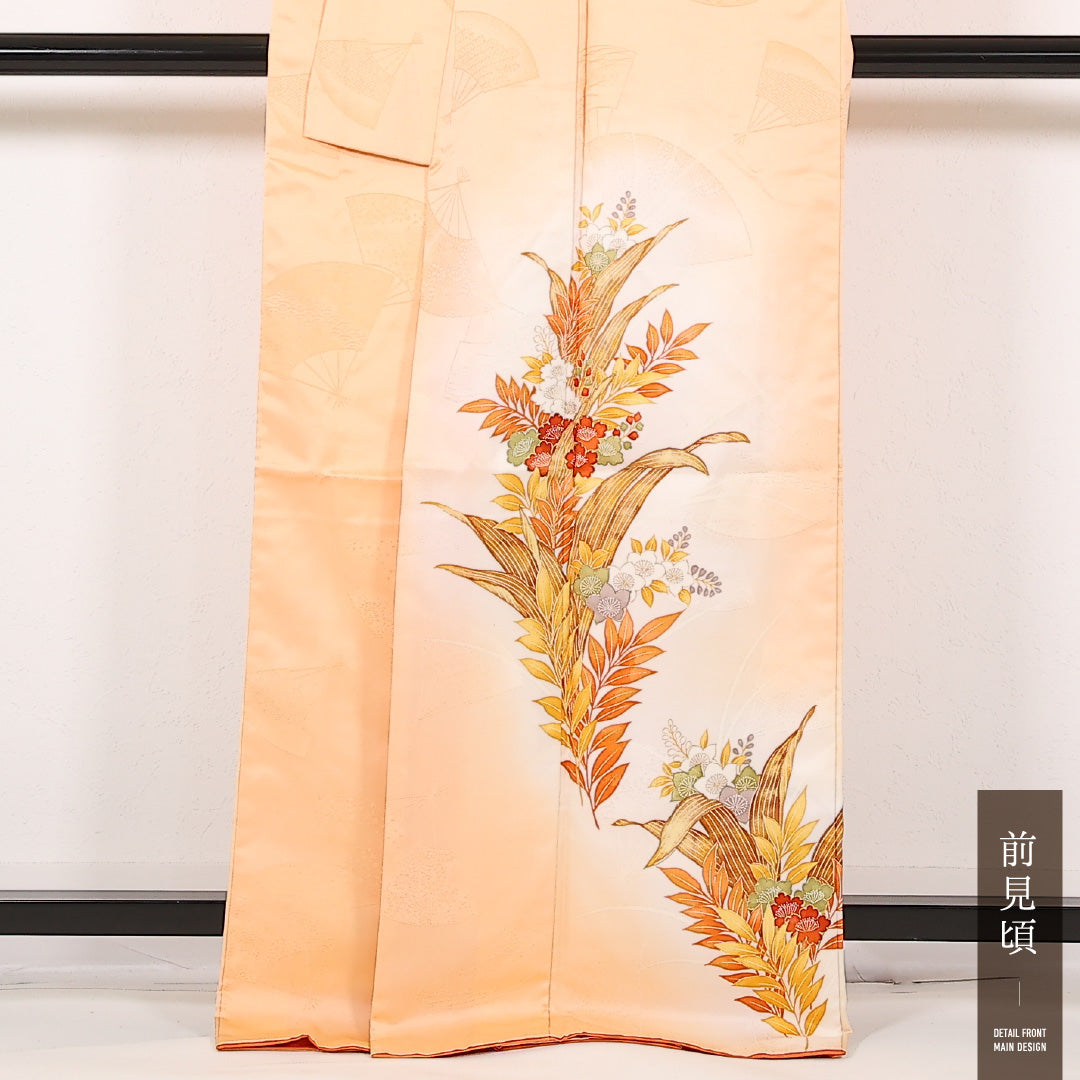 洗える着物 訪問着 袷 身丈167cm 裄丈64cm ポリエステル Aランク 紋意匠 (扇) セミフォーマル 広衿 Mサイズ 花柄 朱系 RP 1217-17471