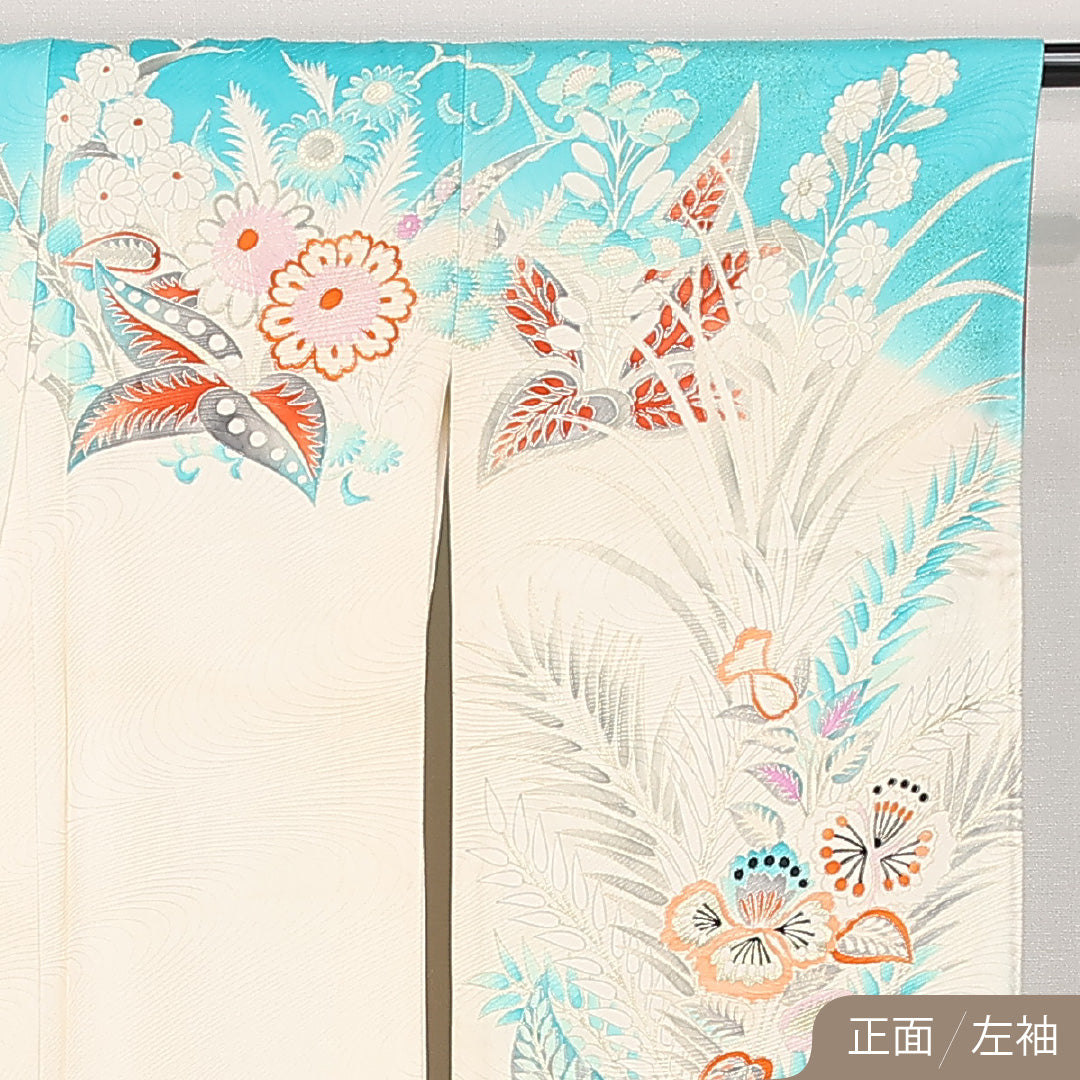 洗える着物 振袖 袷 身丈163cm 裄丈64cm ポリエステル Bランク フォーマル 広衿 Lサイズ 刺繍 孔雀 水色系 RP 1215-06804