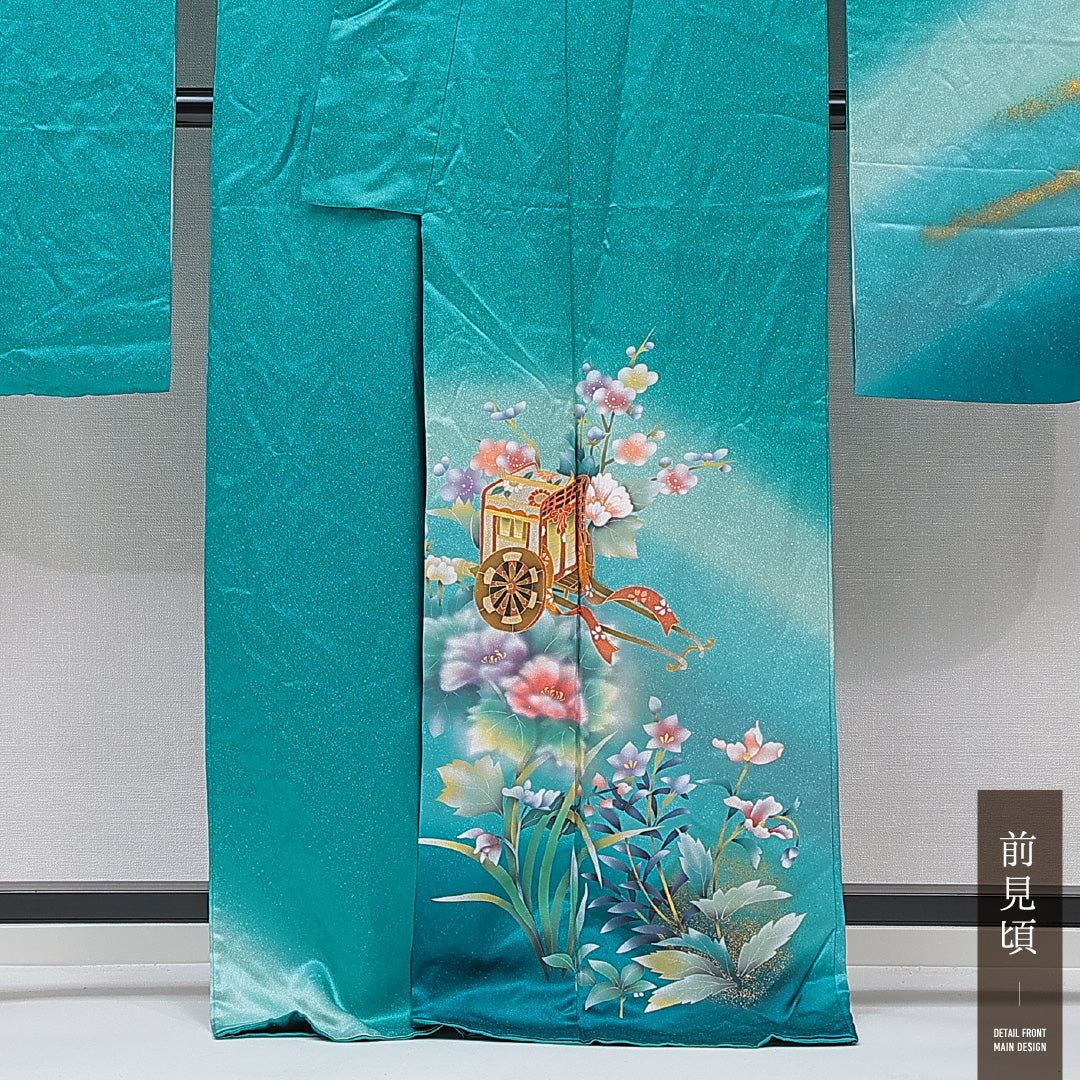 振袖 袷 身丈167cm 裄丈66cm 正絹 Aランク フォーマル 広衿 XLサイズ 御所車 梅 青系 RP 1215-06987