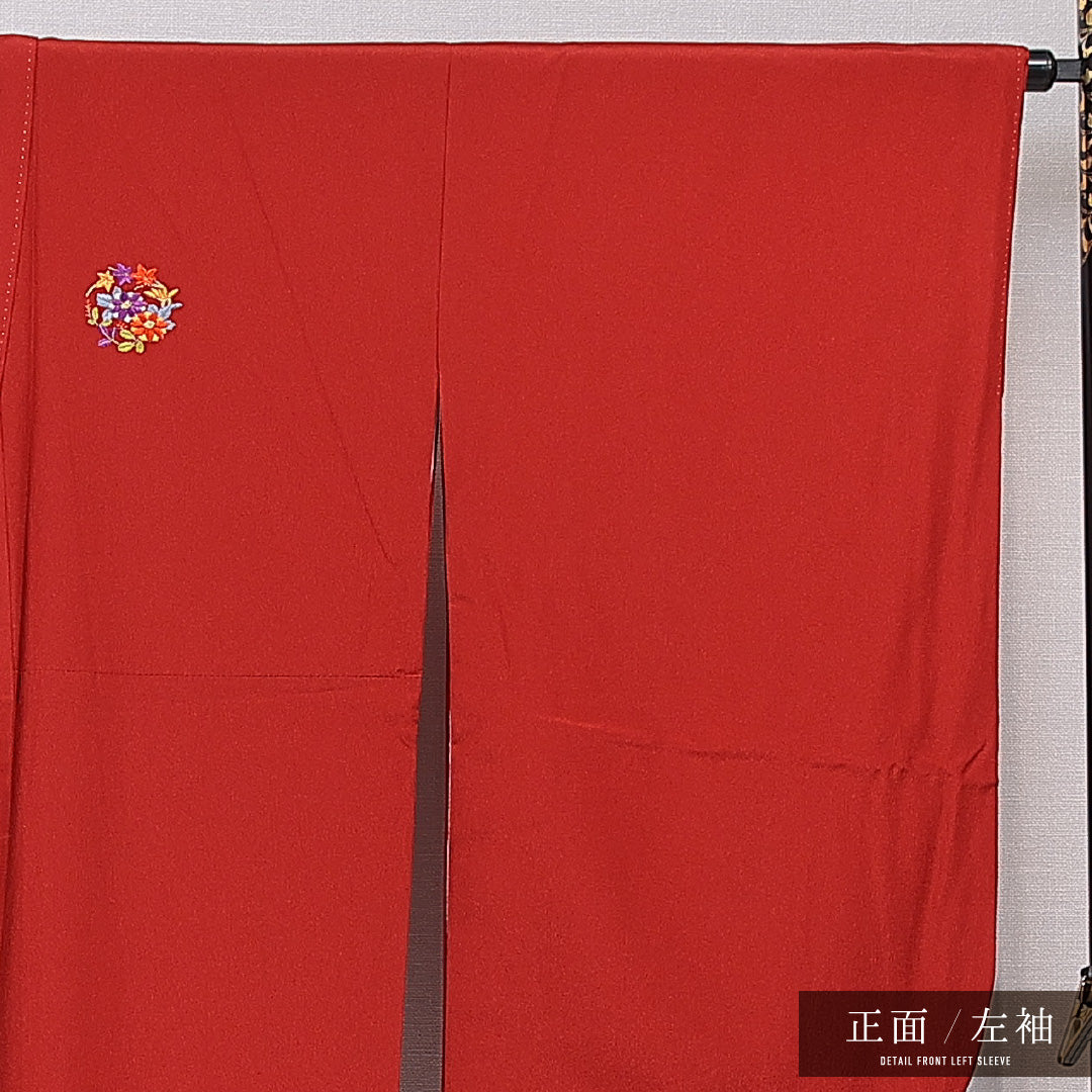 洗える着物 小振袖 袷 身丈164cm 裄丈68cm ポリエステル Sランク セミフォーマル 広衿 Lサイズ 刺繍 菊 紅葉 赤系 RP 1216-07053