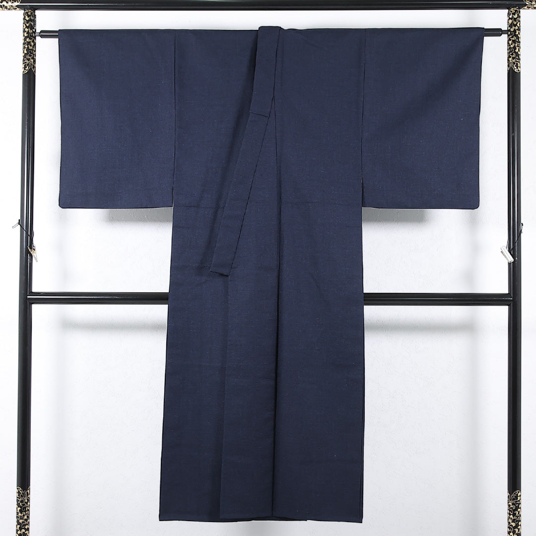 アンサンブル 男着物 (紬) 袷 身丈141cm 裄丈67cm 正絹 Sランク インフォーマル 棒衿 Mサイズ 無地 紺系 RP 1224-17367