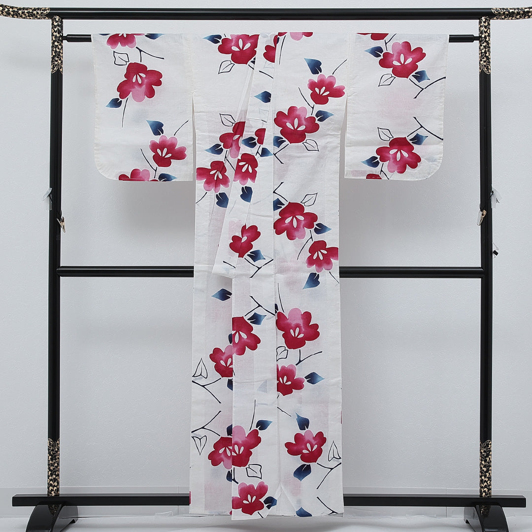 夏物 洗える着物 木綿の浴衣 身丈155cm 裄丈64cm 木綿 Cランク カジュアル バチ衿 Mサイズ 居敷当て 肩当て 朝顔 白系 RP 1225-17255