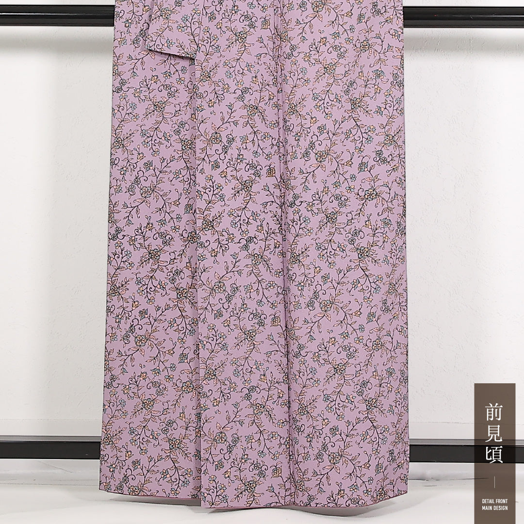 洗える着物 小紋 袷 身丈160cm 裄丈62cm ポリエステル Sランク インフォーマル バチ衿 Mサイズ 唐草 花柄 紫系 RP 1221-17547