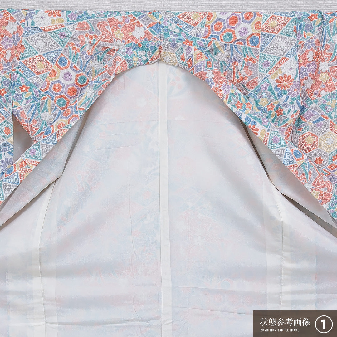 洗える着物 小振袖 袷 身丈151cm 裄丈62cm ポリエステル Sランク セミフォーマル バチ衿 Sサイズ 裂取り 多色系 RP 1216-07089
