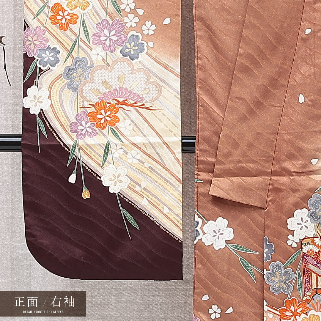 振袖 袷 身丈166cm 裄丈65cm 正絹 Sランク フォーマル 広衿 XLサイズ 御所車 菊 茶系 RP 1215-06979