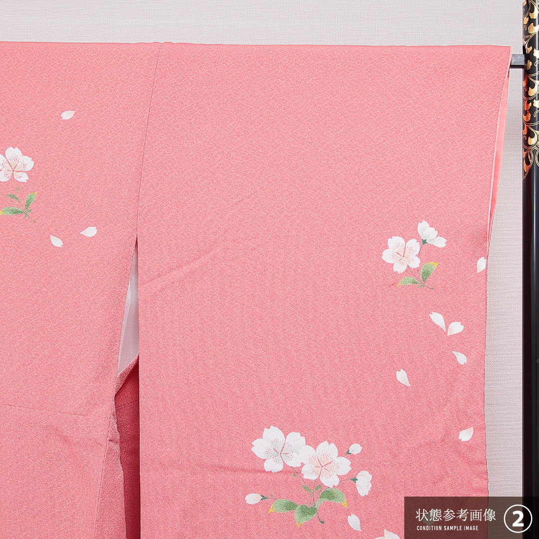 洗える着物 小振袖 袷 身丈163cm 裄丈66cm ポリエステル Aランク セミフォーマル 広衿 Lサイズ 桜 ピンク系 RP 1216-07036