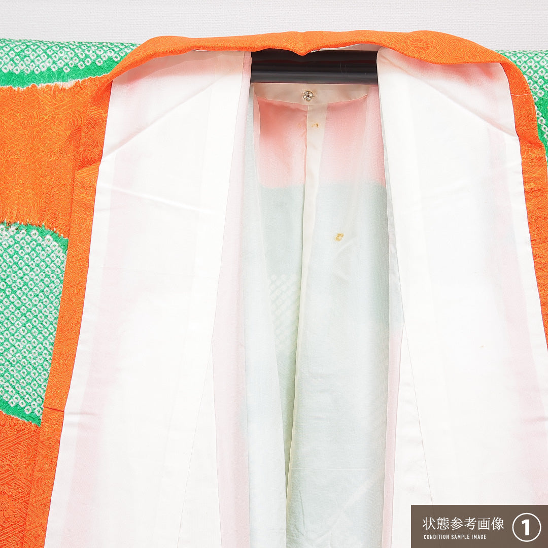 振袖 袷 身丈168cm 裄丈62cm 正絹 Sランク フォーマル 広衿 XLサイズ 絞り 源氏車 朱系 GP 1215-07095
