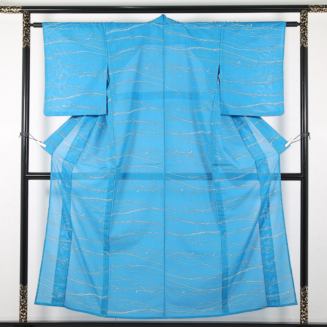 夏物 洗える着物 小紋 絽 身丈152cm 裄丈61cm ポリエステル Cランク インフォーマル バチ衿 Sサイズ 創作柄 水色系 RP 1221-17388