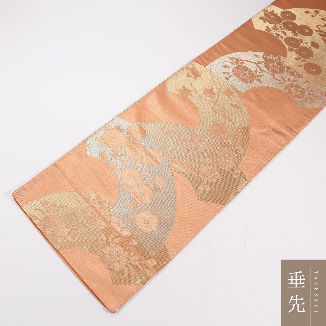 扇面文 袋帯 帯丈424cm 正絹 六通 フォーマル 朱系 金系 1243-02638