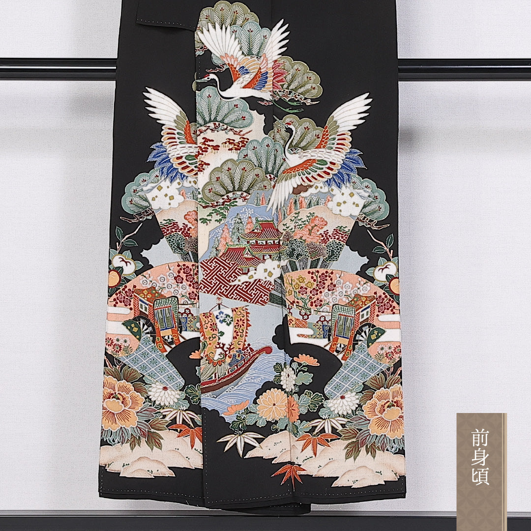 アンティーク 黒留袖 袷 身丈148cm 裄丈60cm 正絹 Bランク 五つ紋 (五三桐) 広衿 XSサイズ 御所車 楼閣 扇面文 宝船 黒系 RP 1213-06595